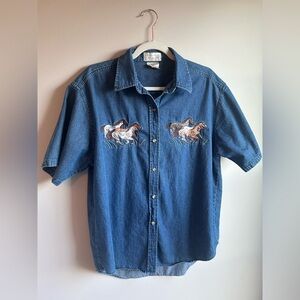 Mandal Bay Vintage Women's Denim Button-Up Shirt with Horses Embroidery. Sz L/XL